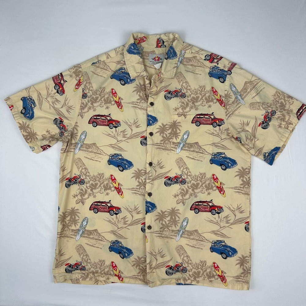 MD Fashion Mens Hawaiian Shirt XL Cream Cotton Classic Cars Surfboard Hawaii VTG